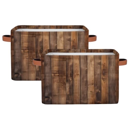 Image of Rustic Wooden Board Storage Baskets for Organizing, Fabric Collapsible Storage Bins Box Retro Decorative Toy Organizer Baskets for Closet Shelves Gift Basket 2Pcs