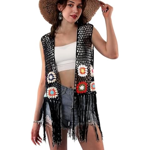 Women's Floral Crochet Hollow Out Sleeveless Fringe Long Boho Retro-Look Handmade Cardigan Vest Cover