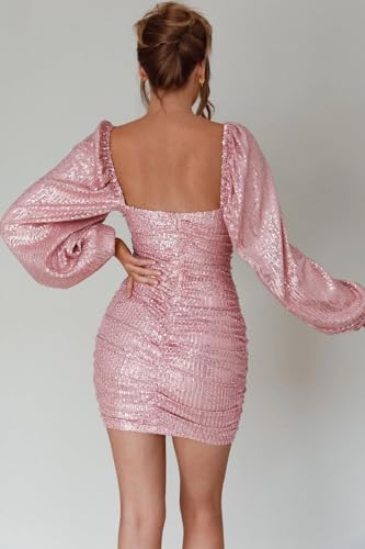 BONOYUER Sequin Long Sleeve Homecoming Dresses Short for Teens V Neck Mini Cocktail Gown Tight Glitter Party Dress3