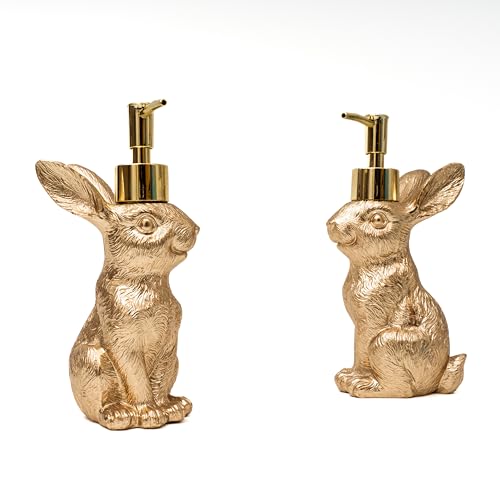 Gold Bunny Soap Dispenser Set of 2 Vintage Rabbit Hand & Dish Soap Dispensers for Kitchen Sink & Bathroom Vanity Rust Proof Pump Lotion Bottles Resin Animal Statues Home Decor 8oz