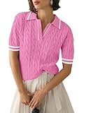 Micoson Summer Preppy Sweaters Fashion Cable Knit Sweater for Women Cute Short Sleeve Shirts 2025 Color Block(Pink White,M)