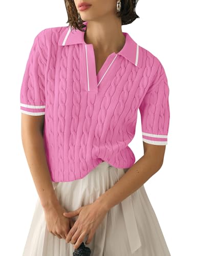 Micoson Summer Preppy Sweaters Fashion Cable Knit Sweater for Women Cute Short Sleeve Shirts 2025 Color Block(Pink White,M)