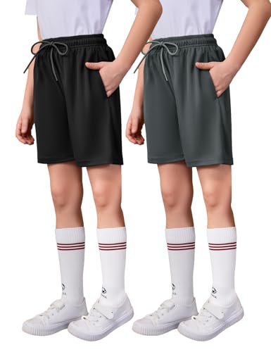 Flygo 2 Pack Boys Athletic Shorts Mesh Kids Elastic Waist Breathable Basketball Gym Shorts with Pockets