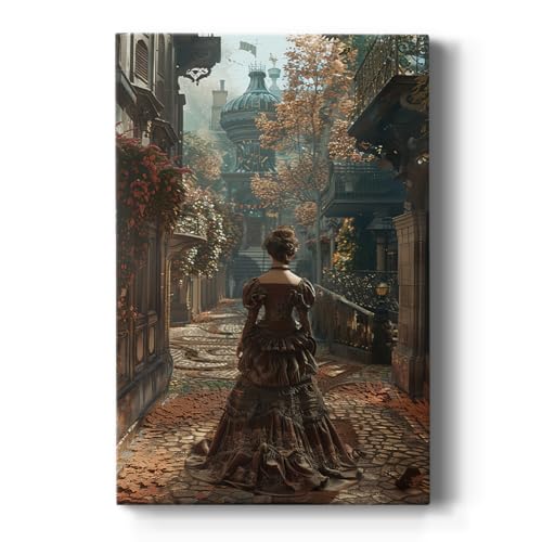 Renditions Gallery Canvas Artwork for Home Decor Woman in Beautiful Dress Standing in Old Town Street Wall Paintings for Bedroom Office Office - 32" X 48" LT567