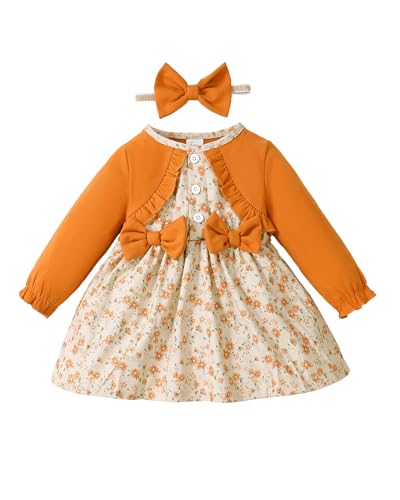 Newborn Baby Girl Dress Long Sleeve Ruffle Floral Orange Dresses Baby Girl Outfit Fall/Winter Dress for Girls 6-9 Months 12 Months