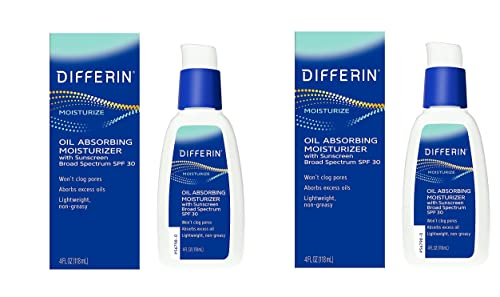 Image of Differin Oil Absorbing Moisturizer with SPF 30, Sunscreen for Face by the makers of Differin Gel, Gentle Skin Care for Acne Prone Sensitive Skin, 4 oz (Packaging May Vary) (Pack of 2)