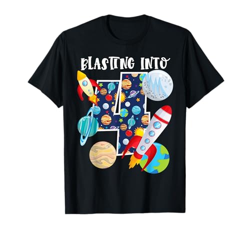 Blasting Into Outer Space 4 Year Old 4th Birthday Party Kids Maglietta