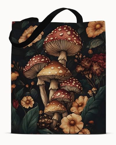 Sacola vintage com estampa de cogumelos Amanita – Bolsa de lona com cordão de ombro para mulheres