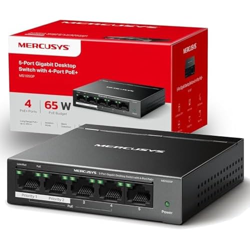Mercusys MS105GP PoE Switch 5-Port Gigabit LAN Switch mit 4 + s (65 Watt, IEEE-802.3af/at, lüfterlos, Plug-and-Play, Robustes Metallgehäuse)
