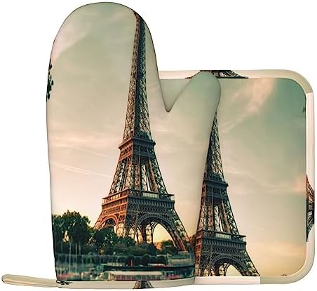 Grey Paris Eiffel Tower Oven Mitts and Pot Holders Heat Resistant 2pcs Set BBQ Gloves and Pads for Cooking Baking Grilling