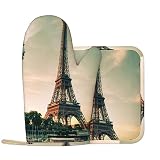 Grey Paris Eiffel Tower Oven Mitts and Pot Holders Heat Resistant 2pcs Set BBQ Gloves and Pads for C