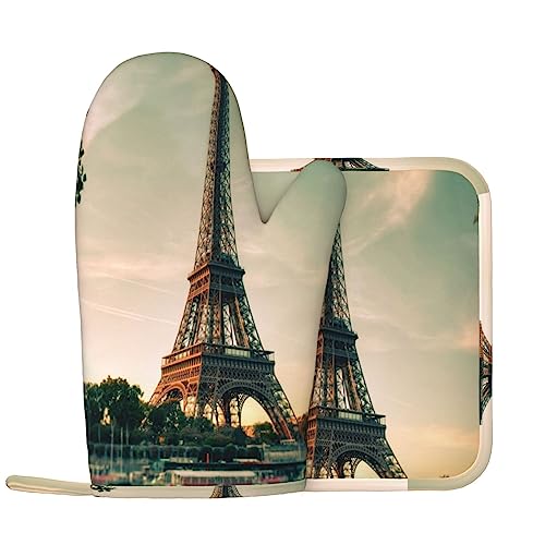 Grey Paris Eiffel Tower Oven Mitts And Pot Holders Heat Resistant 2Pcs Set Bbq Gloves And Pads For Cooking Baking Grilling #TOP2
