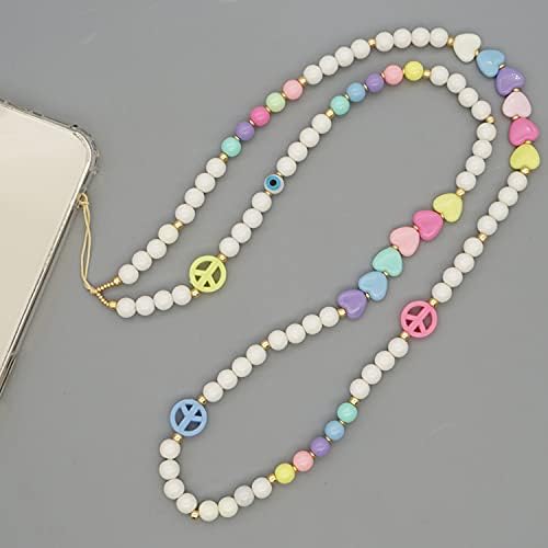 Staqlo Beaded Phone Charm Necklace Strap with White Round Beads, Colorful Heart Beads and Evil Eye Accent, Jewelry-Style Phone Chain Lanyard Anti-Lost Smartphone Strap Holder for Women - 3