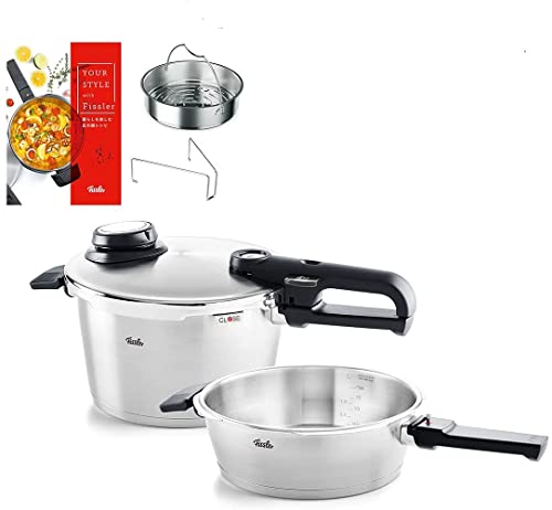Fissler 622-412-11-070-A Vitbit Premium Pressure Cooker Set With Skillet 1.0 Gal (4.5 L) + 0.8 Gal (2.5 L), Gas Fire/Induction Compatible, 3 Levels Of Pressure Settings, Made In Germany, Silver #TOP28