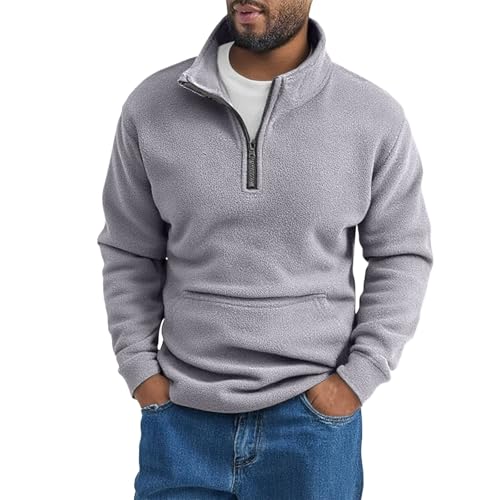 Generisch Jersey para hombre de invierno para trabajo, grueso, forro polar, media cremallera, cuello de pie, cómodo jersey térmico, monocolor, manga larga, con bolsillo, sudadera, gris, L