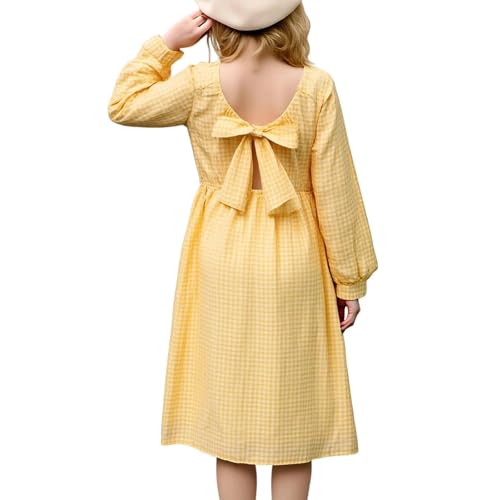 Little Bitty New Girls' Long Sleeve Plaid Pattern Bowknot Backless Waist Student School Uniform Party Dress 4-13 Years Old