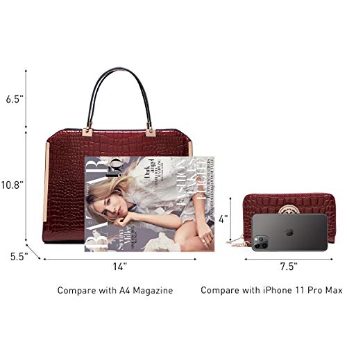 Dasein Women Large Handbag Purse Vegan Leather Satchel Work Bag Shoulder Tote With Matching Wallet (Wine Croco) #TOP9
