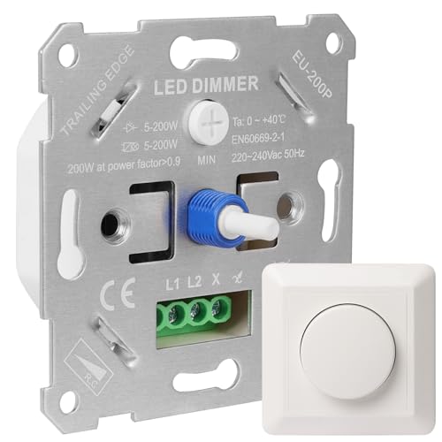 URing Dimmer Schalter LED Dimmer 230V Dimmschalter für Dimmbare LEDs/Halogen 5-200W Dimmer für LED Lampen Unterputz Lichtschalter Dimmbar Drehdimmer inkl. Weiße Abdeckplatte Ohne Klemmkrallen