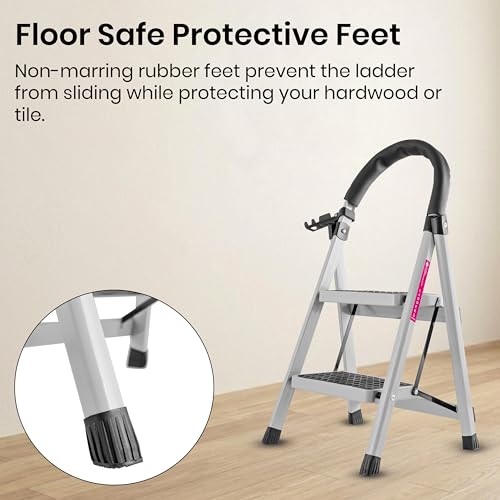 Image of Casa Copenhagen White 2 Step Ladder for Home Use with Built-in Tool Tray | Heavy Duty D Shape Rods | Ultra Large Platform | Wide Rubber Feet | 150Kg Capacity Foldable Ladder - 7 Years Warranty