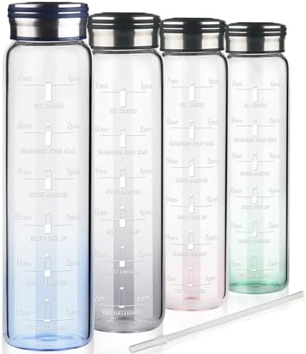 Cleesmil 1 litre Glass Water Bottle with Straw & Motivational Time Markings BPA Free Glass Drinking Bottle 1l with Neoprene Sleeve (Gradient Blue)