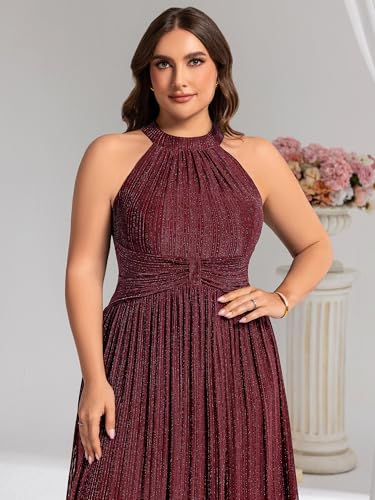 Image of Ever-Pretty Plus Women's Floor Length A-Line Halter Sleeveless Pleated Glitter Plus Size Formal Dress Evening Gown