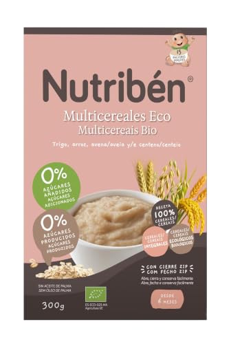 Nutribén EcoPapilla Multicereales | 300 g | Alimento para Bebés a partir de 6 meses | 0% azúcares añadidos | Cereales Ecológicos, Trigo, Arroz, Avena, Cebada y Centeno | Sin aceite de palma