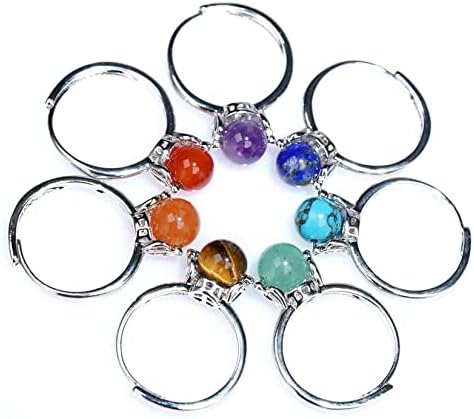 Jyotsna 1-7 PCS Natural 7 Chakra Gemstone Adjustable Statement Rings | Crown | Gems Stones 8mm Round | Beads Healing | Crystal Quartz (Chakra)