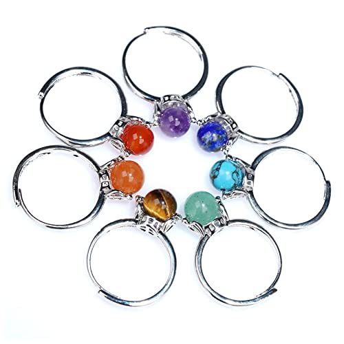 Jyotsna 1-7 Pcs Natural 7 Chakra Gemstone Adjustable Statement Rings | Crown | Gems Stones 8Mm Round | Beads Healing | Crystal Quartz (Chakra) #TOP23