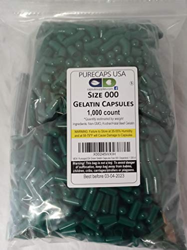 PureCapsUSA- Empty Gelatin Capsules Size 000 (1,000 Separated Capsules, Green)