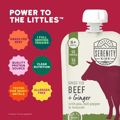 Image of Serenity Kids 6+ Months Baby Food Pouches Puree Made With Ethically Sourced Meats & Organic Veggies | 3.5 Ounce BPA-Free Pouch | Grass Fed Beef & Ginger, Pea, Bell Pepper, Broccoli | 1 Count