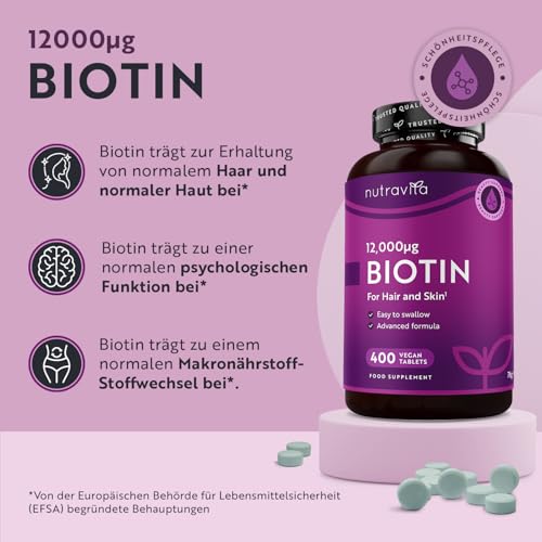 Biotin Hochdosiert 12000mcg, Haar Vitamine - 400 Vegan Biotin Tabletten für 1+ Jahr Vorat, Vitamin B7 - Haut Haare Nägel (EFSA) - Haarvitamine für Frauen - Hair Vitamins bei Nutravita