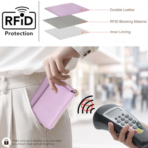 Image of PALAY Wallet for Woman Purple Leather Mini Purse Blocking Trifold Small Wallet with ID Window and Zipper Coin Pocket Casual Pure Color Coin Purse for womenfor Everyday Use
