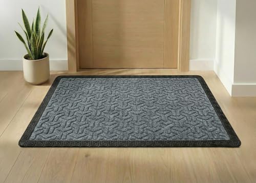 Image of Yellow Weaves Large Size (60x90 cm) Door Mat for Home Entrance, Outdoor Rubber Mat - Non-Slip, Anti Skid Foot Mat, Dirt Trapper, Heavy-Duty, Waterproof Doormat (Triangle Design, Grey Color)