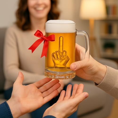 Image of Middle Finger Beer Glass Muf with Handle - Tall Drinking Glasses for Beer, Whiskey, Cocktails, Funny Gag Gift for Him, Men Holiday, Birth Day, Birthday, 12.5 oz Thick Glassware, Tall Glass for Men