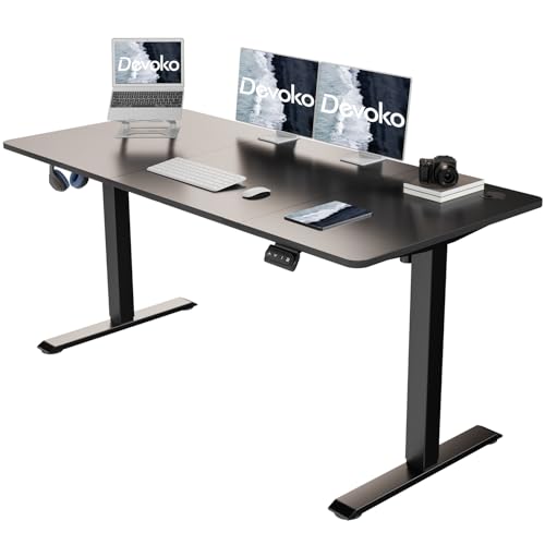 Devoko 140×60cm Escritorio Regulable en Altura, Escritorio Eléctrico con Gancho, 71-119 cm, Escritorio De Oficina 2 Opciones De Memoria Inteligente, Adecuado para Estudio y Oficina（Negro）