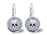  boucles d’oreilles argentées, cabochon en verre, parure « le pirate », tête de mort mexicaine, skull, crane, marin, rayures, bleu, blanc (ref.94a).
