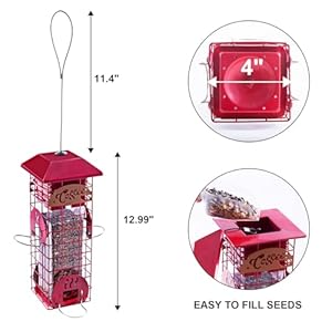 Squirrel Proof Bird Feeders for Outdoors Tube Metal Mesh Hanging Bird Seed Feeder for Outside Pole Weight Activated 4 Adajustable Perschs 22 lbs Capacity Red