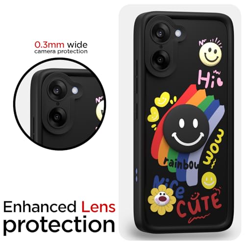 Image of Pikkme Back Cover for Oneplus Nord CE 5 5G | Soft Silicone| Cute Rainbow Smile & 3D Cartoon Flower Design | Shockproof Raised Camera Protection Bumper Case (Black)