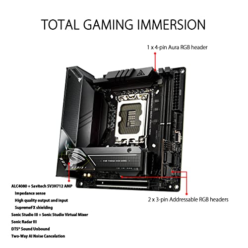 ROG Strix Z690-I Gaming WiFi Scheda Madre Gaming, Mini-ITX, Intel Z690, LGA1700, DDR5, PCI 5.0, WiFi 6E(802.11ax), Intel 2.5 Gb LAN, ROG SupremeFX 7.1, 2xM.2, 4xSATA 6GB/s, Aura Sync RGB, Nero - Scheda madre - Immagine 4