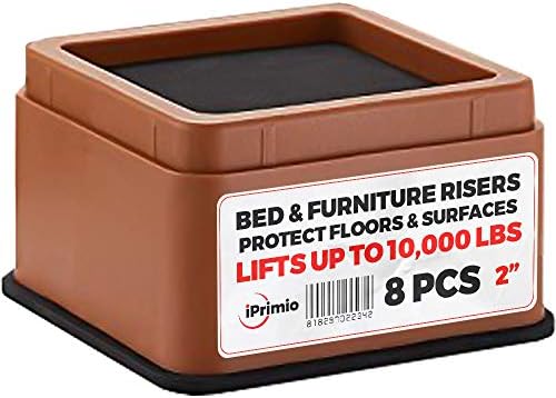 iPrimio Bed Risers - Square, 2 Inch Lift, Heavy Duty, 8 Pack, Up to 10000lbs - Bed Raising Blocks, Furniture Risers - Safe, Sturdy Bed Lifts for College Dorm Rooms, Couches, Tables, Desk Riser