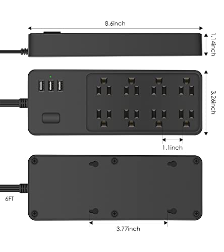 Junnuj 8 Outlets Power Strip Wall Mount, Flat Plug Surge Protector With 3 Usb A Ports, Slim Outlet Charging Station, Plug Thin Socket With 6Ft 45 Degrees Flat Plug Cord, 1200J - Black #TOP6