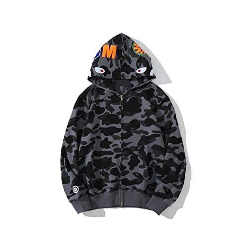 KDOFIO Shark Jaw Camo Hoodie - 3D Embroidery Full Zip Up Sweatshirt for Men & Women, Heavyweight Couple Matching Streetwear (US, Alpha, Large, Regular, Regular, Black)