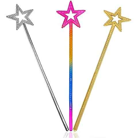 3 Pcs Fairy Wand, Princess Star Wands for Girls, Angel Fairy Wands Sticks for Birthday, Party, Christmas, Halloween, Masquerade Dress Up, Gift for Girls( Silver, Gold, Colour) Cover