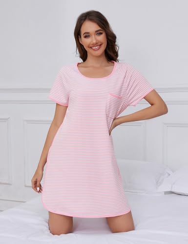 VibeVista Cotton Nightgowns for Women Summers Striped House Dresses Short Sleeve Crew Neck Sleepwear Sleepshirts Sleep Dress3