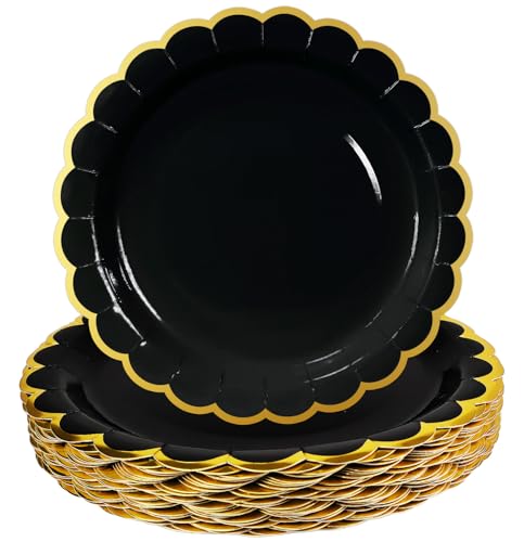 Image of HEIPINIUYE 50 Pieces Black Paper Plates with Gold Foil 9 Inch Disposable Black Scalloped Dinner Plates for Wedding Baby Shower Birthday Party Dessert Plate