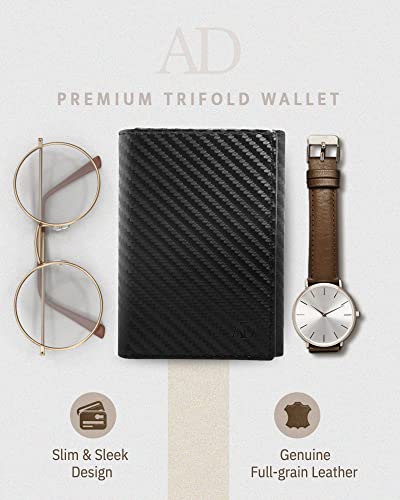 Image of Trifold Wallets for Men - Slim RFID Blocking Wallet for Securing Personal Data - Front Pocket Friendly Genuine Leather Wallet - Mens Wallets Trifold with ID Window - Tri Fold Wallet Gifts for Men