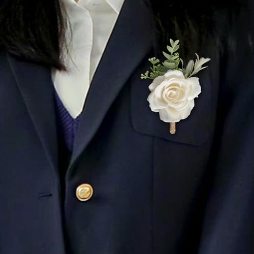 Gvhntk Ivory Rose Boutonniere for Men Wedding Set of 6 Groom Groomsmen Best Man Artificial Flowers Boutonniere for Wedding Ceremony Anniversary Prom Flowers Formal Dinner Party (6, image 7