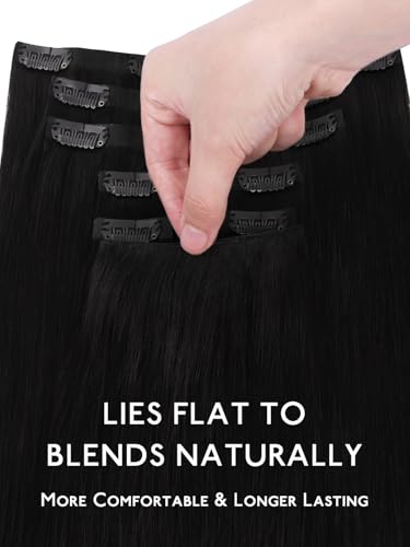 Image of WENNALIFE Genius Seamless Clip in Hair Extensions Real Human 18 inch 120g 7 Pcs Jet Black Hair Extensions Clip Ins Luxury Remy De Cabello Humano Straight Invisible Fuller Reusable