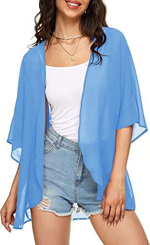 Image of Indian Trendy Women's Solid Puff Sleeve Kimono Cardigan Loose Cover Up Casual Blouse Top Chiffon
