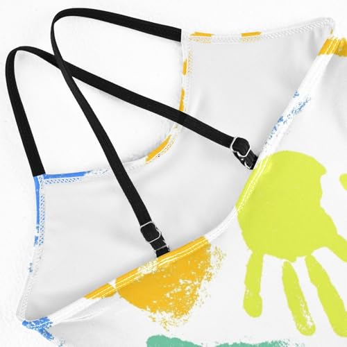 Girls One Piece Swimsuits Colorful Handprint Pattern Sport Halter Swimwear Beach Bathing Suit, 5-6T4